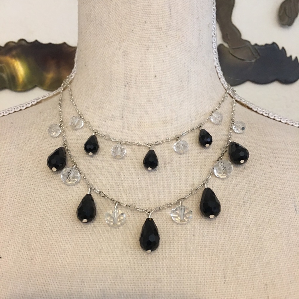 Black and clear double strand chandelier necklace